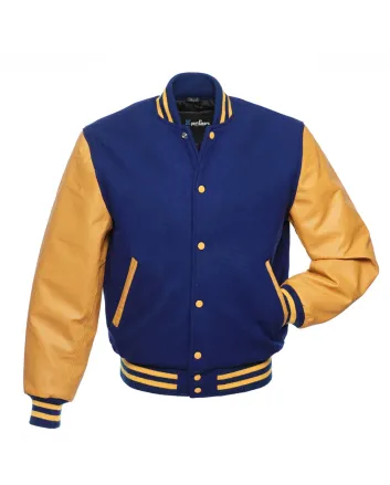 Royal Blue Wool and Gold Cowhide Leather American Varsity Jacket