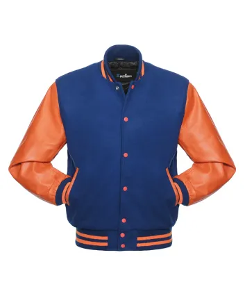 Royal Blue Wool and Orange Cowhide Leather American Varsity Jacket 