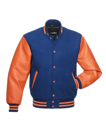 Royal Blue Wool and Orange Cowhide Leather American Varsity Jacket 