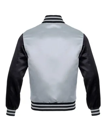 Silver and Black Striped Satin Bomber Jacket: Front view showcasing the sleek silver and black satin fabric with contrasting stripes on cuffs and hem, featuring a stylish bomber design.