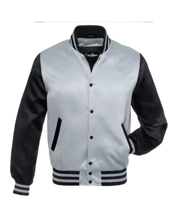Silver and Black Striped Satin Bomber Jacket: Front view showcasing the sleek silver and black satin fabric with contrasting stripes on cuffs and hem, featuring a stylish bomber design.