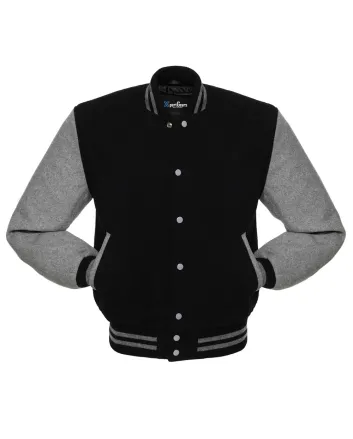 Slate Grey Classic Wool Varsity Jacket: Front view showcasing the sleek slate grey wool, accented by contrasting stripes on cuffs and hem, featuring an embroidered logo on the chest.