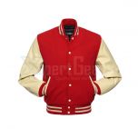 Red Wool and Cream Cowhide Leather American Varsity Jacket - Front View