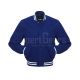 Regal Blue Classic Wool Varsity Jacket: Front view showcasing the deep regal blue wool, highlighted by contrasting stripes on cuffs and hem, featuring an embroidered logo on the chest.