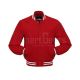 Crimson Classic Wool Varsity Jacket: Front view displaying the vibrant crimson wool and contrasting stripes on cuffs and hem, featuring an embroidered logo on the chest.