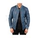 Blue Sheepskin Leather Bomber Jacket Front View