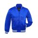 Regal Blue Striped Satin Bomber Jacket: Front view showcasing the rich regal blue satin fabric with contrasting stripes on cuffs and hem, featuring a sleek bomber design.