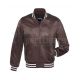 Rich Brown Striped Satin Bomber Jacket: Front view showcasing the rich brown satin fabric with contrasting stripes on cuffs and hem, featuring a stylish bomber design.