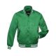 Kelly Green Striped Satin Bomber Jacket: Front view showcasing the vibrant kelly green satin fabric with contrasting stripes on cuffs and hem, featuring a stylish bomber design.