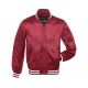 Cardinal Striped Satin Bomber Jacket: Front view showcasing the bold cardinal red satin fabric with contrasting stripes on cuffs and hem, featuring a stylish bomber design.