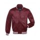 Maroon Striped Satin Bomber Jacket: Front view showcasing the elegant maroon satin fabric with contrasting stripes on cuffs and hem, featuring a stylish bomber design.