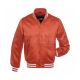 Texas Orange Striped Satin Bomber Jacket: Front view showcasing the vibrant Texas orange satin fabric with contrasting stripes on cuffs and hem, featuring a stylish bomber design.