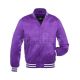 Royal Purple Striped Satin Bomber Jacket: Front view showcasing the luxurious royal purple satin fabric with contrasting stripes on cuffs and hem, featuring a stylish bomber design.