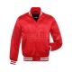 Crimson Red Striped Satin Bomber Jacket: Front view showcasing the vibrant crimson red satin fabric with contrasting stripes on cuffs and hem, featuring a stylish bomber design.