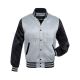 Silver and Black Striped Satin Bomber Jacket: Front view showcasing the sleek silver and black satin fabric with contrasting stripes on cuffs and hem, featuring a stylish bomber design.