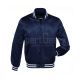 Nautical Navy Blue Striped Satin Bomber Jacket: Front view showcasing the rich navy blue satin fabric with contrasting stripes on cuffs and hem, featuring a stylish bomber design.
