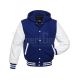 Front view of Royal Blue and White Varsity Jacket featuring a hoodie collar, royal blue wool body, and contrasting white leather sleeves.