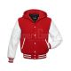 Front view of Red and White Varsity Jacket featuring a hoodie collar, red wool body, and contrasting white leather sleeves.