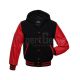Front view of Black and Red Varsity Jacket featuring a hoodie collar, black wool body, and striking red leather sleeves.