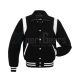 Front view of Black Retro Varsity Jacket featuring a retro collar, black wool body, and distinctive white leather shoulder inserts.
