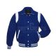 Front view of Royal Blue Retro Varsity Jacket featuring a retro collar, royal blue wool body and sleeves, and contrasting white leather shoulder inserts.