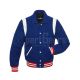 Front view of Royal Blue Retro Varsity Jacket featuring a retro collar, regal royal blue wool body and sleeves, adorned with pristine white leather shoulder inserts.