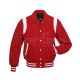 Front view of Red Retro Varsity Jacket featuring a retro collar, vibrant red wool body and sleeves, and contrasting white leather shoulder inserts.