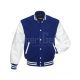 Royal Blue Wool American Varsity Jacket with White Vinyl Sleeves - Front View