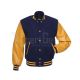 Navy Blue Wool American Varsity Jacket with Gold Vinyl Sleeves - Front View