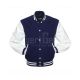 Navy Blue Wool American Varsity Jacket with White Vinyl Sleeves - Front View