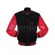Black Wool American Varsity Jacket with Red Vinyl Sleeves - Front View