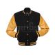 Black Wool American Varsity Jacket with Gold Vinyl Sleeves - Front View
