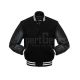 Black Wool Body American Varsity Jacket with White Leather Sleeves - Front View