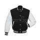Black Wool and White Cowhide Leather American Varsity Jacket - Front View