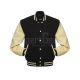 Black Wool Body American Varsity Jacket with Cream Leather Sleeves - Front View