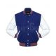 Royal Blue Wool Body American Varsity Jacket with White Leather Sleeves - Front View