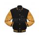 Black Wool and Gold Cowhide Leather American Varsity Jacket - Front View