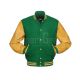 Kelly Green Wool and Gold Leather American Varsity Jacket - Front View