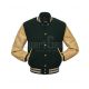 Forest Green Wool Body American Varsity Jacket with Tan Leather Sleeves - Front View