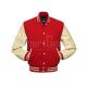 Red Wool and Cream Cowhide Leather American Varsity Jacket - Front View
