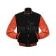 Black Wool Body American Varsity Jacket with Orange Leather Sleeves - Front View