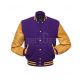 Purple Wool Body American Varsity Jacket with Gold Leather Sleeves - Front View