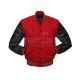 Red Wool Body American Varsity Jacket with Black Leather Sleeves - Front View