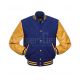 Royal Blue Wool and Gold Cowhide Leather American Varsity Jacket - Front View